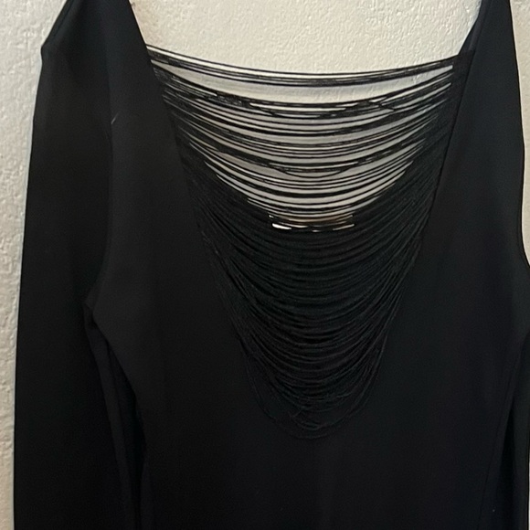 WAGGON PARIS Black Long Sleeve Mini Dress "Chic Shadows" Draped Fringe Sz M LBD - Picture 5 of 9